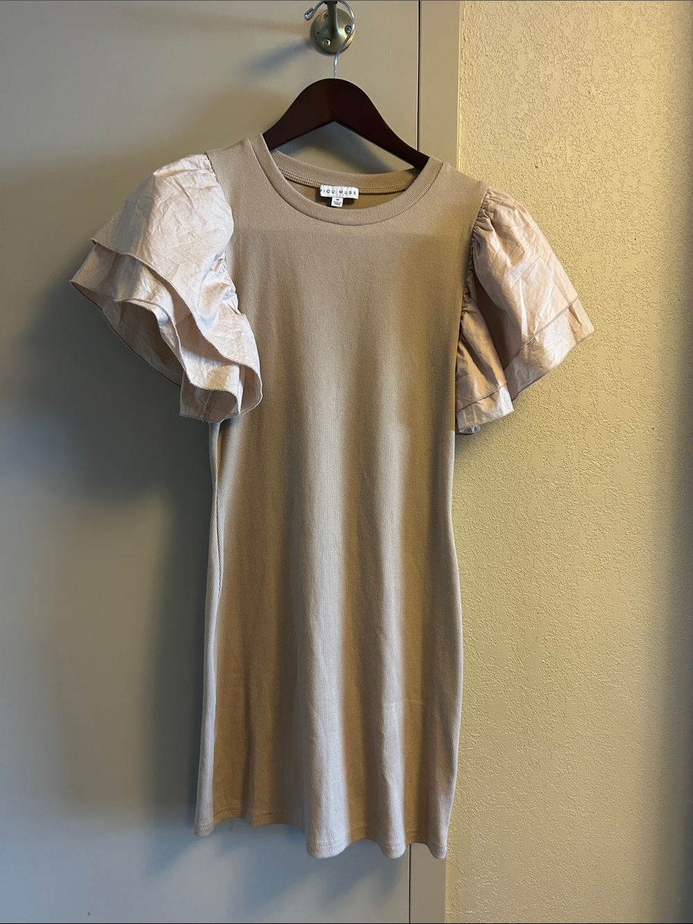 Miou Muse Beige Puff Sleeve Mini Dress